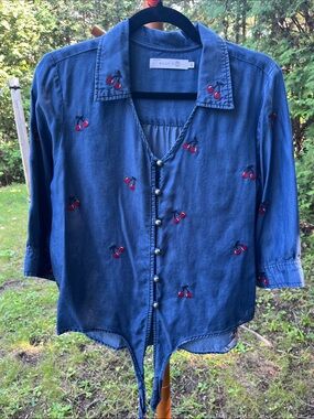 Women’s Blue Cherry-Embroidered Button Front Shirt - Silly T